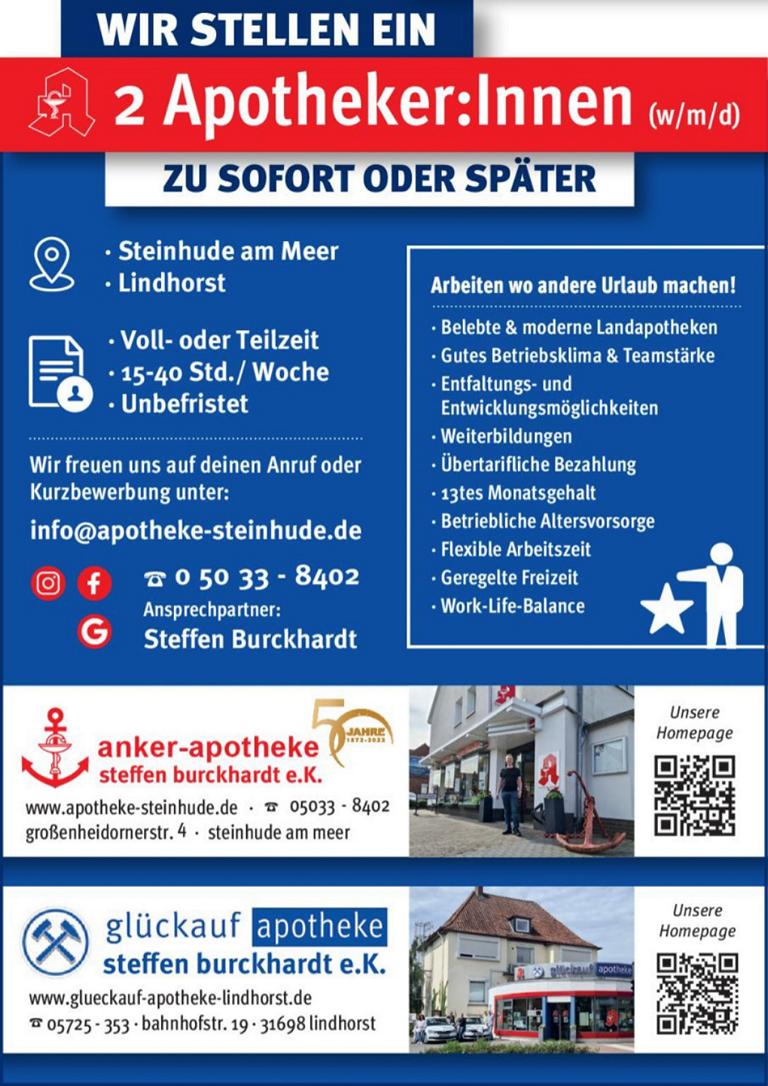 Stellenanzeige 2 Apothekerinnen in Lindhorst und Steinhude gesucht