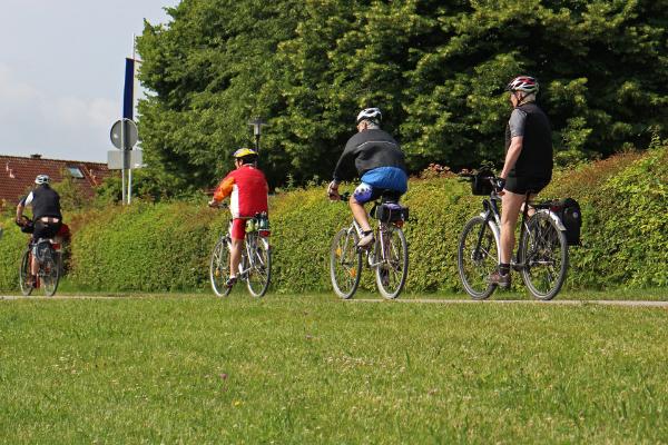 Fahrradfahrende im Sonnenschein neben einer Wiese vor einer bewaldeten Hecke