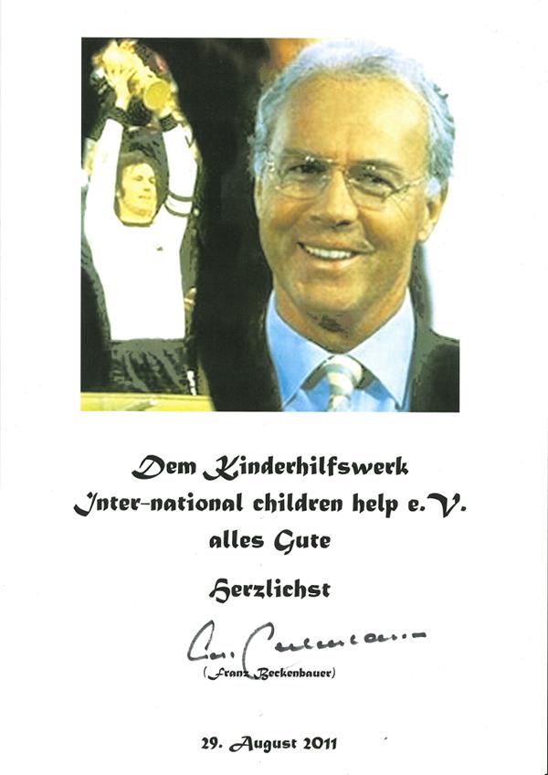 Franz Beckenbauer Urkunde mit Foto von ihm und einem Gruß an den ICH eV