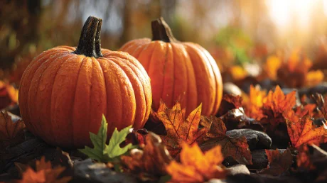 zwei orange leuchtende Kuerbisse liegen auf bunten Herbstblaettern